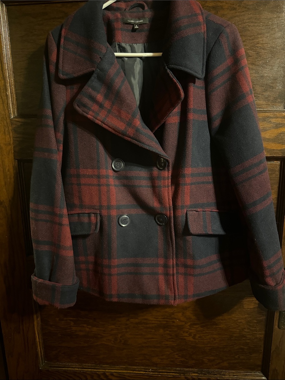 Larry Levine Red and Blue Plaid Double-Breasted Pea Coat